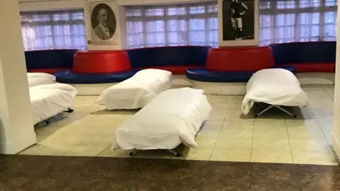 Crystal Palace FC Camp beds set up at Crystal Palace's ground