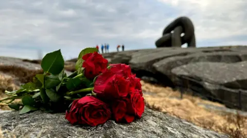 BBC Red roses on a rock beyond which is a large metal sculpture