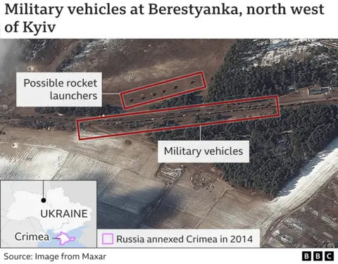 BBC A handout satellite image made available by Maxar Technologies shows resupply trucks and probable multiple rocket launch deployment in Berestyanka, Ukraine