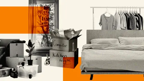 BBC News An illustration of a bedroom piled with storage boxes