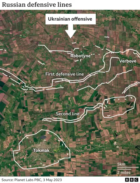 Map showing Russia's defensive lines near Robotyne