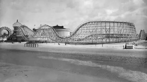 Blackpool Pleasure Beach Big Dipper from sea wall in 1923
