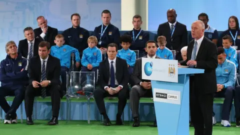 Getty Images Sir Richard Leese the Leader of Manchester City Council talks during the official launch of the Manchester City Football Academy at the City Football Academy on December 8, 2014