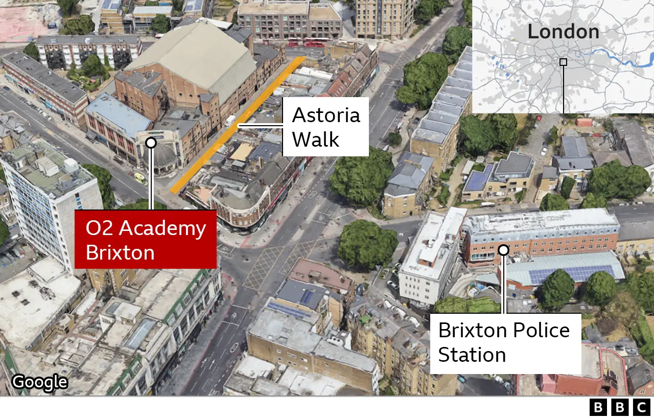 Aerial photo of Brixton with the locations of the O2 Academy, Astoria Walk and Brixton Police Station marked.