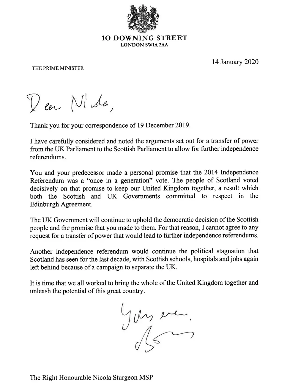 UK Government Boris Johnson's letter