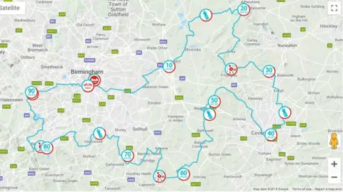  Vélo Birmingham & Midlands. Vélo route map