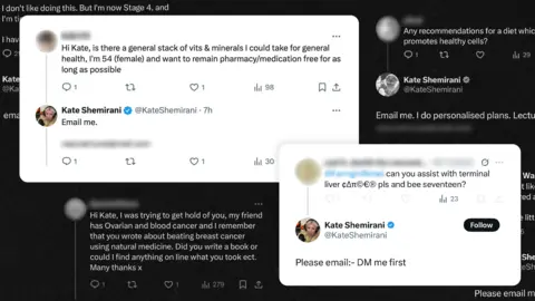  "Hi Kate, Is there a general stack of vits and minerals I could take for general health, I'm 54 (female) and want to remain pharmacy/medication free for as long as possible". Another asks if she can assist with "terminal liver cancer" (spelling the letters of cancer out with symbols). She tells them both to email her. And another asks about a friend with ovarian and blood cancer: "I remember you wrote about beating breast cancer using natural medicine. Did you write a book or could I find anything on line what you took ect." 