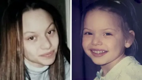 Met Police A composite showing two photos of Sheryl the one on the left shows her as a young woman/teenager with long brown straight hair, wearing a light grey polo neck top and the photo on the right shows her as a little girl, smiling at the camera wearing a pale yellow embroidered top, hair pulled back in a ponytail, smiling at the camera.