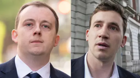 PA Media Split pic of Christopher Berry (left) and former parliamentary researcher Christopher Cash. Both men are wearing suits with white shirts. 