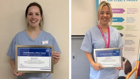 Composite image. Maddy Ellison on the left has medium length brown hair and is wearing her blue uniform. She is holding up her certificate. On the right Jasmin Conway has medium length blonde hair and is wearing her blue uniform, whilst also holding up the certificate.