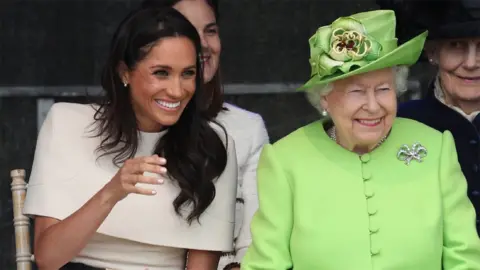 PA Queen Elizabeth II and the Duchess of Sussex at the opening of the new Mersey Gateway Bridge, in Widnes, Cheshire