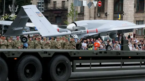 Reuters A Bayraktar drone is seen during a rehearsal for Ukraine's Independence Day military parade in central Kyiv, Ukraine August 18, 2021