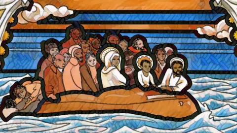 St Mary Stain glass window showing Jesus as a child refugee fleeing to Egypt