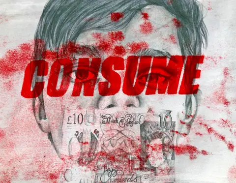 Caitlin Millmor A piece of art showing showing a drawing of a boy with a bank note and the word consume