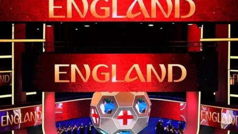Getty Images England is displayed on a screen at the 2018 World Cup draw in Russia