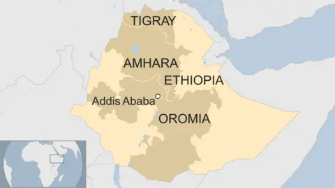 A map of Ethiopia showing Tigray, Amhara and Oromia.