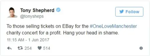 Twitter @tonysheps Tweet: "To those selling tickets on EBay for the #OneLoveManchester charity concert for a profit. Hang your head in shame."