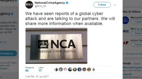 Twitter/@NCA_UK NCA tweet reads: "We have seen reports of a global cyber attack and are talking to our partners. We will share more information when available".