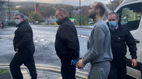 Luke Deeley arriving at Merthyr Magistrates' Court