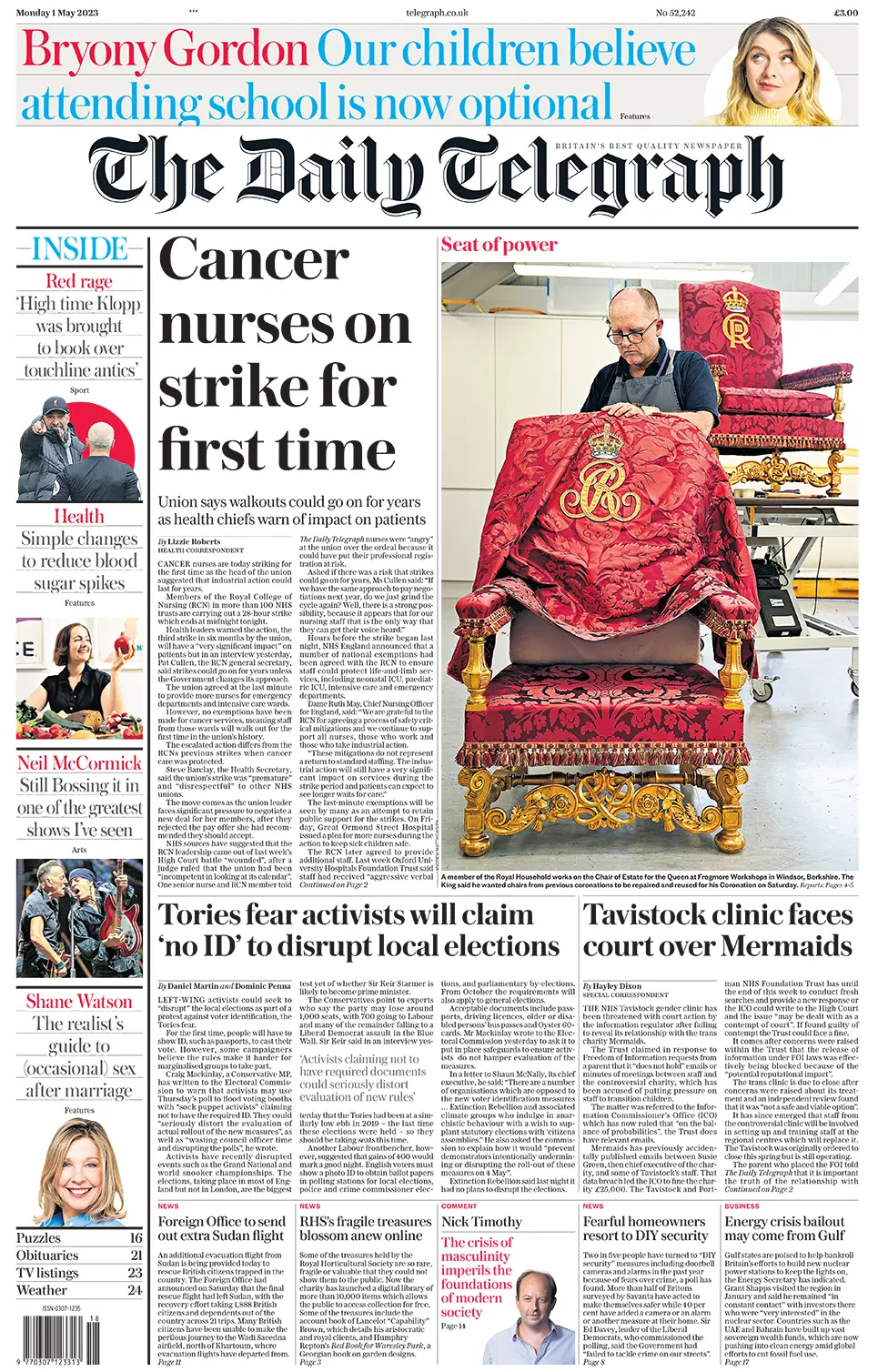 Front page of the Daily Telegraph