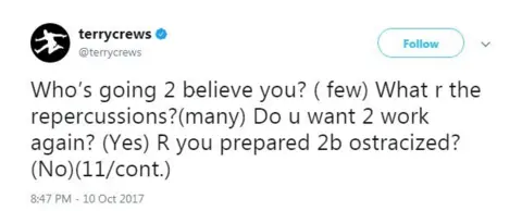 Twitter "Who's going 2 believe you? ( few) What r the repercussions?(many) Do u want 2 work again? (Yes) R you prepared 2b ostracized?(No)(11/cont.)"