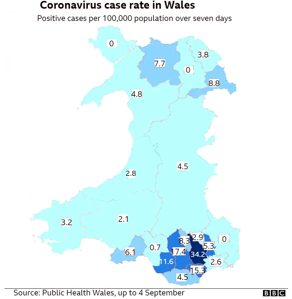 map showing number of Covid-19 cases in regions across Wales