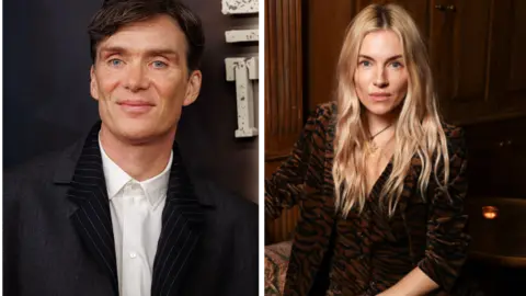 A composite photo of a dark-haired man in a suit and white shirt and a blonde woman in a leopard-patterned shirt sitting inside a room.