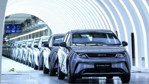 Bloomberg via Getty Images row of BYD Dolphin Compact Hatchback Electric lit the lights of fluorescent in a manufacturing factory