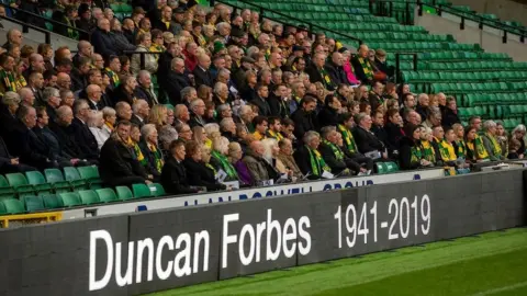 Norich City FC Duncan Forbes' family were joined by club staff and fans at a public funeral service.