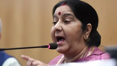 Getty Images Indian External Affairs Minister Shushma Swaraj addresses a press conference in New Delhi on March 20, 2018