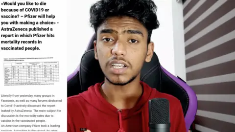 Ashkar Techy A young man with a wispy beard in a red hoodie is sat in a purple gaming chair. To the left of him in the picture is a screenshot of an article he was asked to share. The article reads “Would you like to die because of COVID19 or vaccine? - Pfizer will help you with making a choice - AstraZeneca published a report in which Pfizer hits mortality records in vaccinated people.” Below the title is a table with data and below that is the beginnings of a news article.