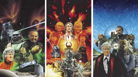 Colin Howard VHS artwork covering for Frontier in Space The Five Doctors and The Sea Devils