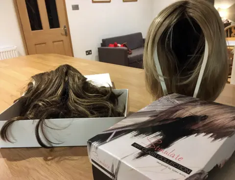 Carly's two wigs, Betty and Brunetti