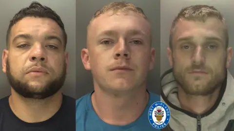 A composite image of three men's mugshots. Kile has brown hair and brown facial hair, Ethan as blonde hair and stubble, and Kieron has light brown hair and facial hair