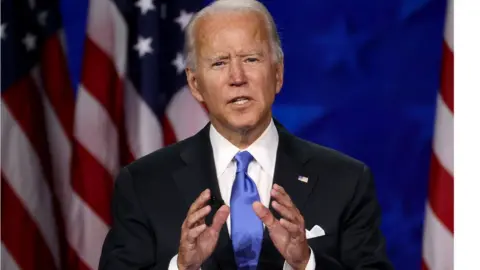 Getty Images Democratic presidential nominee Joe Biden delivers his acceptance speech on the fourth night of the Democratic National Convention from the Chase Center on August 20, 2020 in Wilmington, Delaware. The convention, which was once expected to draw 50,000 people to Milwaukee, Wisconsin, is now taking place virtually due to the coronavirus pandemic.