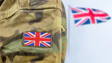 Getty Images Army uniform alongside UK flag