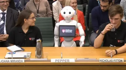 AFP Pepper the robot at the education select committee meeting