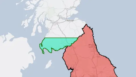 Animal and Plant Health Agency A map of the UK showing two different coloured zones either side of the Scotland-England border. England is shaded in red while an area of Dumfries and Galloway is shaded green.