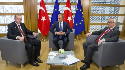 European Council President Recep Tayyip Erdogan with Donald Tusk and Jean-Claude Juncker in May 2017