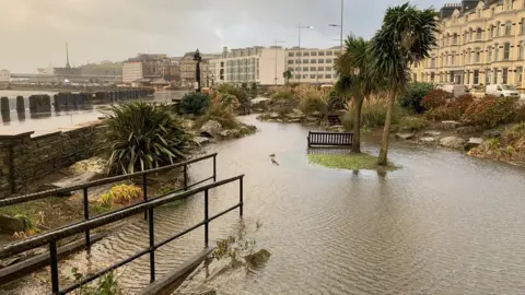 Flooded Sunken Gardens on Douglas Promenade