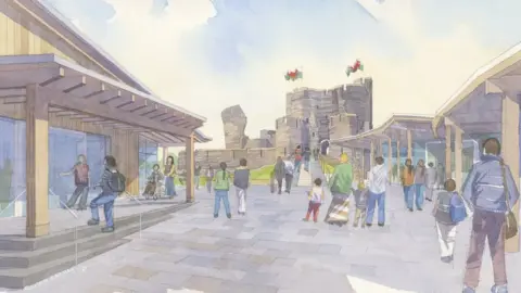 Cadw/LDRS An artist impression of the new visitor centre at Caerphilly Castle