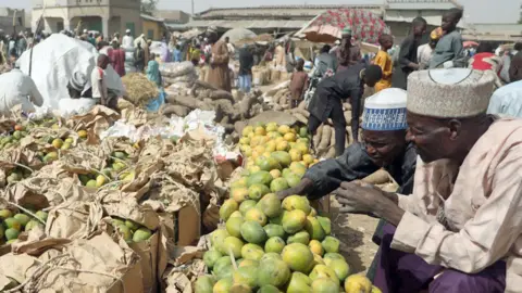 AFP Traders sell mangoes at the market in Jibia, Nigeria - February 2024