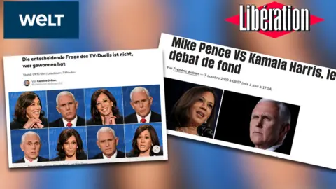 BBC Combination photo of media headlines on Harris-Pence debate