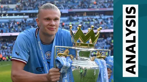 Erling Haaland celebrates with the Premier League trophy