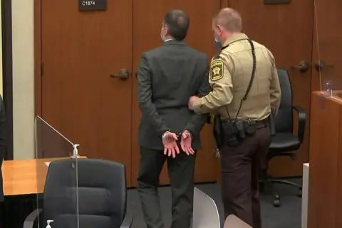 Pool via Reuters Former Minneapolis police officer Derek Chauvin is led away in handcuffs after a jury found him guilty of all charges in his trial for second-degree murder, third-degree murder and second-degree manslaughter in the death of George Floyd in Minneapolis, Minnesota, 20 April 2021