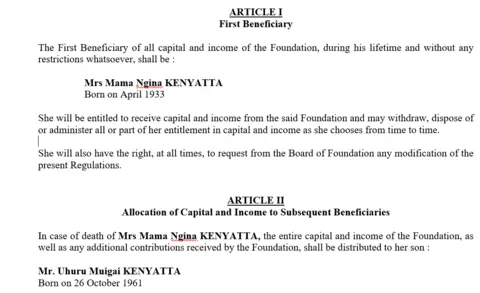 Pandora Papers Document grab showing president Kenyatta is listed as inheritor of a secret foundation