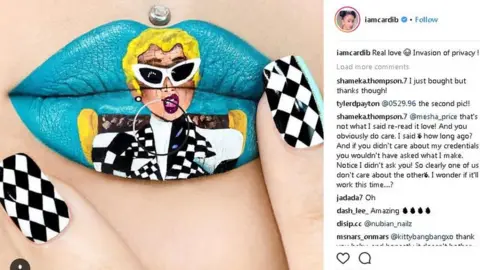 Cardi B/ Instagram Fan artwork showing the Invasion of Privacy artwork painted on to lips