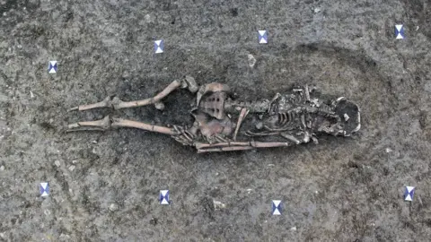 Ecotricity Skeleton lying on ground uncovered by archaeologists