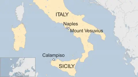 A BBC map showing the locations of Calampiso, Naples, and Mount Vesuvius