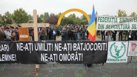 Inquam Photos/George Calin Forestry unionists protested outside parliament in Bucharest in September 2019 over lack of resources and safety